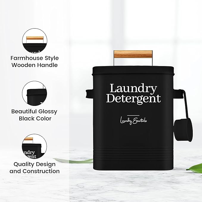 Simplation Modern Farmhouse Laundry Detergent Container for Laundry Room Decor and Accessories, Metal Laundry Pods Container, Laundry Powder Holder for Laundry Room Organization (Black)