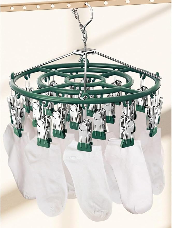 Drying Rack for Sock, Stainless Steel Sock Drying Rack with 24 Clips, Swivel Hook Windproof Hanger for Sock, Bras, Towel, Underwear, Laundry, Hat, Scarf, Pants, Gloves (Green)