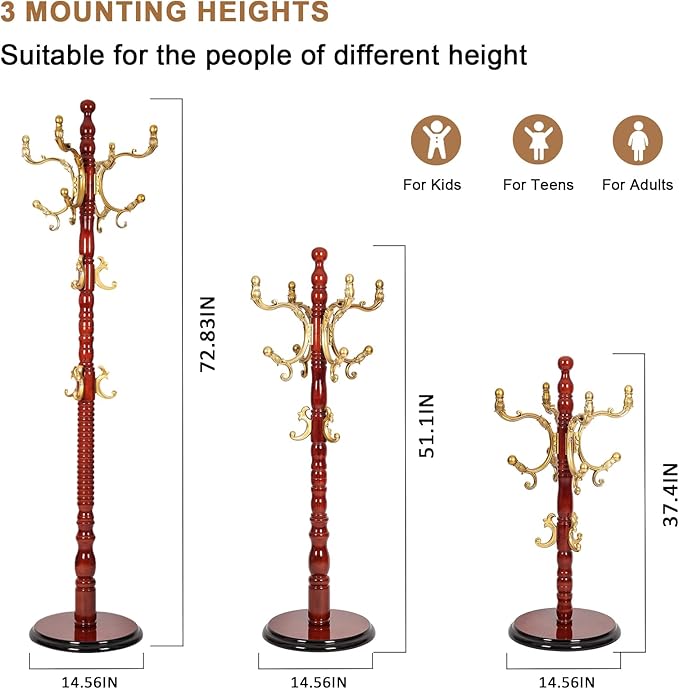 Solid Wood Coat Rack, Free Standing Hall Coat Tree with 14 Hooks, 3 Height Options, 330lbs Load, Stury Base, Clothes Rack for Entryway, Hallway, Bedroom (Disc Base - Begonia)
