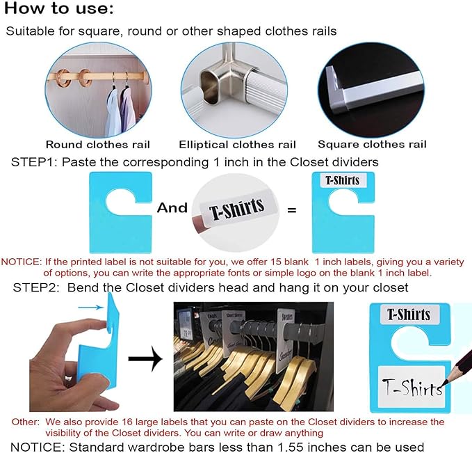 16 Pack White Clothing Rack Size Dividers Plus 45 Labels (1 Inch) and 18 Large Blank Labels, Large Rectangular Clothing Closet Dividers (Blue)