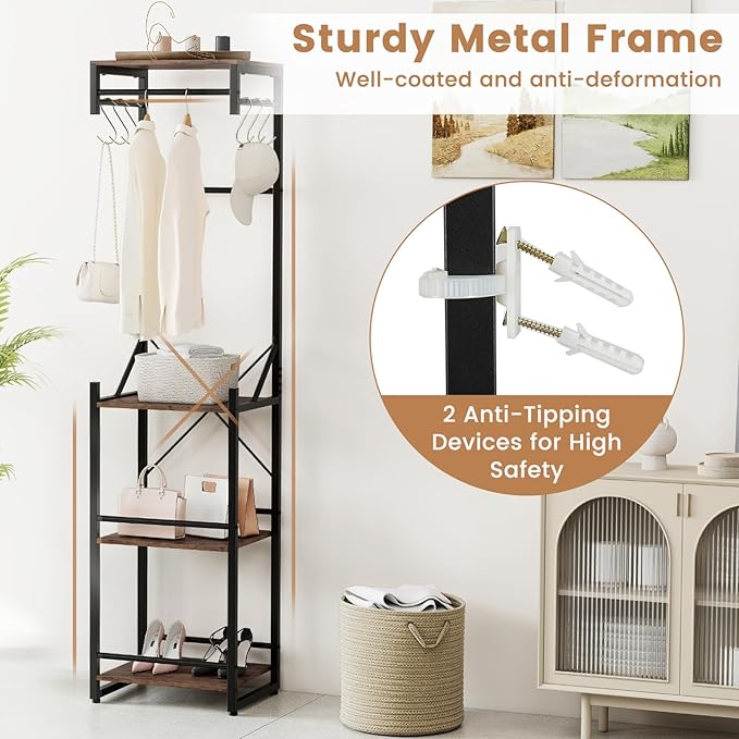 Tangkula Industrial Narrow Coat Rack Freestanding, Slim Hall Tree with 4 Storage Shelves, 6 Hooks & 3 Hanging Rods, Heavy-Duty Metal Clothes Rack Stand Organizer for Entryway, Hallway, Bedroom