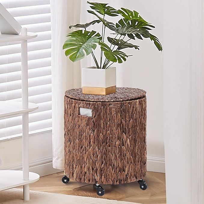 Wimarsbon Vintage Storage Basket, Multipurpose Rolling Hamper With Brakable Wheels and Lid, Braid Laundry Bin, Handwave Clothes Toy Organizer Tote for Living Room