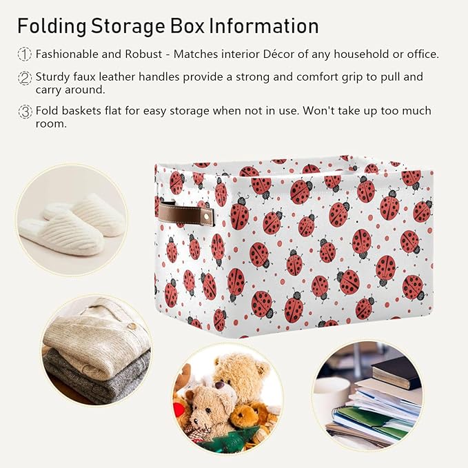 Ladybug Storage Basket Bin, Large Cube Storage Box Canvas Collapsible Storage Organizer for Home Office Closet - 15 L x 11 W x 9.5 H