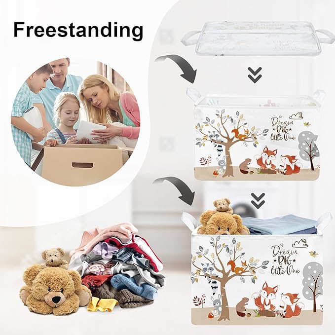 Forest Animals Laundry Hamper Woodland Tree Large Storage Basket Parents Organizer Kids Clothes Toy Bins for Bedroom, Bathroom, Fox, 36L