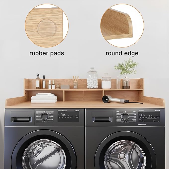 Washer Dryer Countertop with Shelf, 2-Tier Laundry Countertop Over Washer and Dryer, 54" x 27.55" Wooden Table for Folding Clothes for Laundry Room Organization and Storage (Oak)