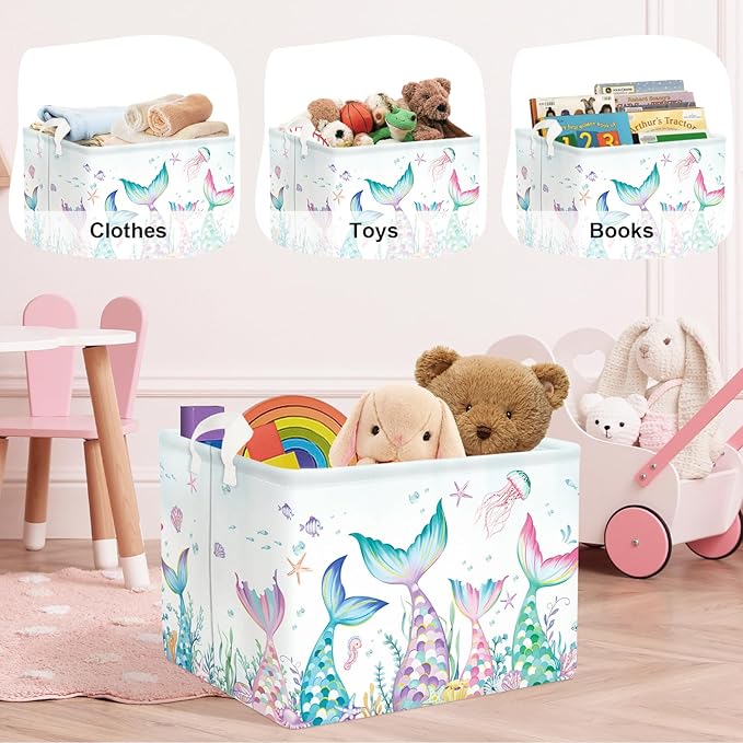 Fantasy Princess Laundry Hamper Colorful Large Storage Basket Collapsible Parents Organizer Kids Toy Clothes Bins for Bedroom, Bathroom, Mermaid, 36L