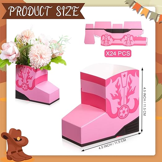 24 Pcs Cowboy Boots Paper Boxes Western Theme Party Decorations Favors Wild West Popcorn Boxes Boot Shape Bag for Cowboy Birthday Bachelorette Baby Shower Party Supplies(Pink)