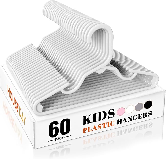 HOUSE DAY Premium Baby Hangers 60 Pack, 11 Inch Kids Plastic Hanger White, Slim Childrens Hangers for Infant, Toddler, Child Clothes, Non-Slip & Durable Baby Clothes Hanger for Closet