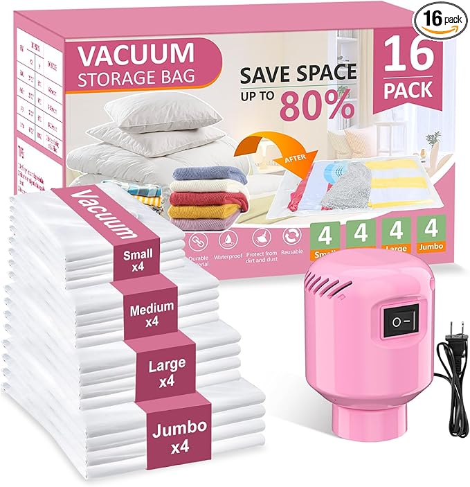 Vacuum Seal Bags for Clothing Travel, 16 Pack Space Saver Vacuum Storage Bags with Electric Pump,Portable Compression Sealer for Clothes,Blankets,Bedding & Travel Essentials,Good for Luggage Packing