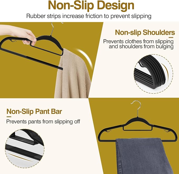 Plastic Hangers 50 Pack, Heavy Duty Clothes Hangers with 360° Swivel Hook, Non-Slip Bar & 0.2" Ultra-Slim Space-Saving Closet Organizers for Coats, Pants, Suits, Shirts, Black