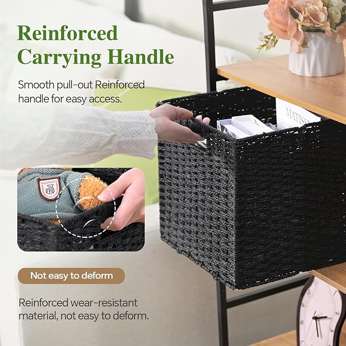Woven Wicker Storage Baskets 4-Pack, 11x11 Handwoven Paper Rope Organizer Bins, Foldable Cube Storage Cubes with Built-in Handles for Shelves and Closet Organization(Classic Black)