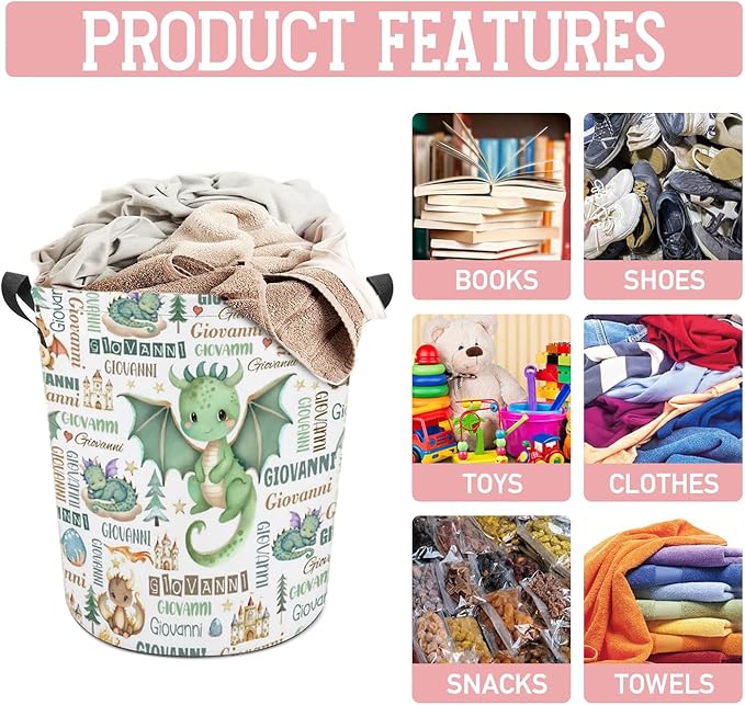 Dragon Laundry Basket,Personalized Laundry Hamper for Boys Girls,Custom Laundry Basket With Name, Customized Dirty Clothes Hamper for Bathroom Bedrooms,S-16.5"X 13.8"