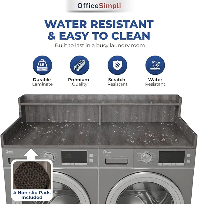 OfficeSimpli Large Washer Dryer Countertop with Shelf - 30 x 58 Inch - Made in USA Laundry Countertop Over Washer and Dryer with Non-Slip Pads, Storage Shelf, Laundry Topper Organizer, Iconic Maple