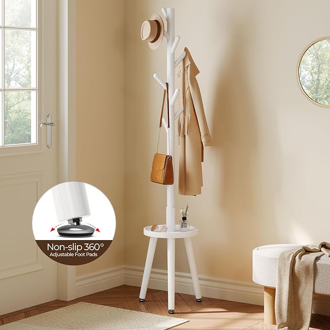 GREENSTELL Coat Rack with 8 Hooks, Wooden Coat Rack Freestanding with Shelf, Coat Tree with 4 Height Options 50.5"-72.6", Coat Hanger Stand for Bags, Clothes, Umbrellas, Hats, in Home, White