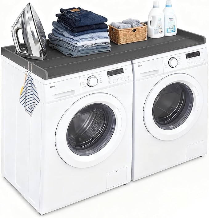 HDPE Washer Dryer Countertop, 54" x 27" Laundry Countertop with 2 Hooks & Non-Slip Pads, Washer and Dryer Topper for Laundry Room Organization, No-Installation (Grey)