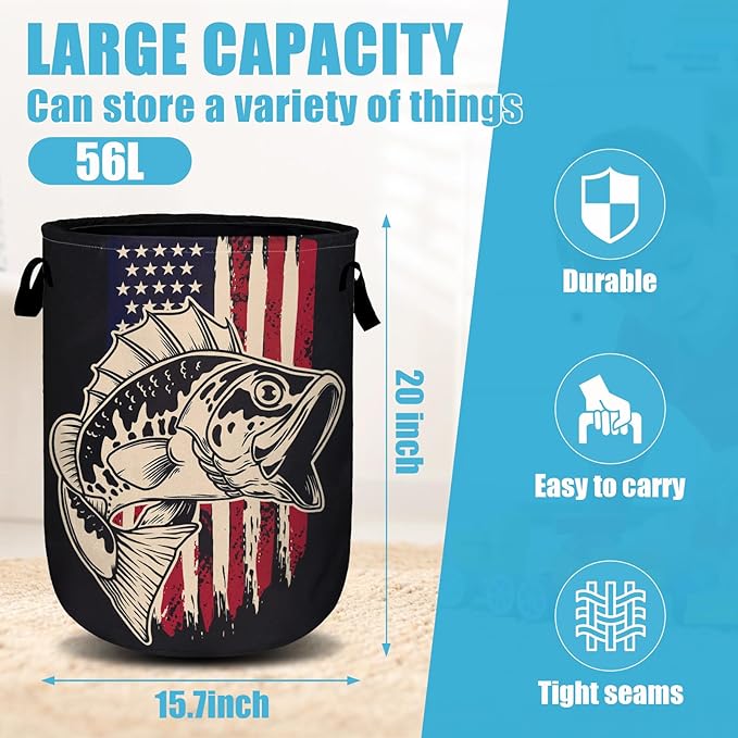 American Flag Bass Fish Laundry Basket, Laundry Hamper Collapsible Oxford Cloth with Handle Clothes Toy Storage Bin for Bathroom Laundry Room Bedroom 15.7 X 20 Inch