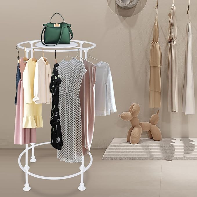 YIYIBYUS Round Garment Rack, Floor Standing Iron clothes Hanging Rack with Topper, Suitable for Large Shopping Malls Retail, Clothes Boutique Display Laundry Rooms (White)
