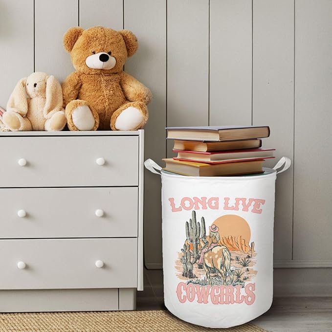 Pink Western Cowgirl Laundry Basket, Toybox for Girls Room, Long Live Cowgirls Laundry Basket Hamper Waterproof Collapsible Clothes Toys Storage Bin Organizer for Bedroom Bathroom Kids Room Dorm