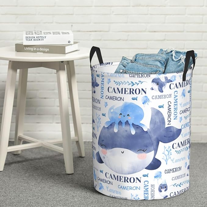 Whales Laundry Basket,Personalized Laundry Hamper for Boys Girls,Custom Laundry Basket With Name, Customized Dirty Clothes Hamper for Bathroom Bedrooms,S-16.5"X 13.8"