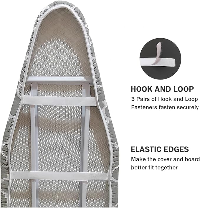 Ironing Board Cover and Pad Standard Size 15" x 54",3 Pairs of Hook and Loop Fastener Straps,Elastic Edges,Cotton Iron Board Cover with Scorch Resistant Thick Padding(012)