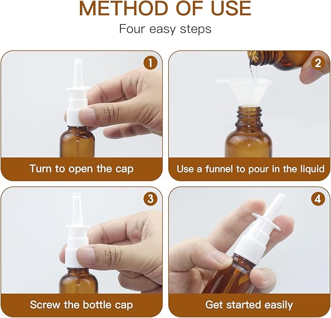 Nasal Spray Bottle, 6 Pcs 30ML/1oz Glass Amber Refillable Fine Mist Sprayers Atomizers, Small Empty Nasal Sprayer with Funnels and Labels