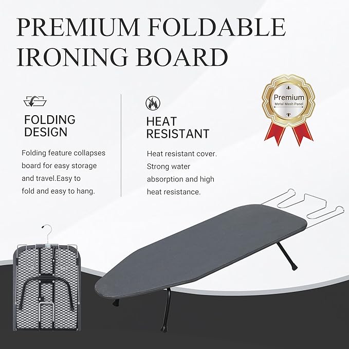 Metal Mesh Panel Tabletop Ironing Board | Foldable Iron Board | Heavy Duty Small Iron Board with Heat Resistant Cover and 100% Cotton 8mm Thicken Pad | 31.5"x11.8"x6.2"