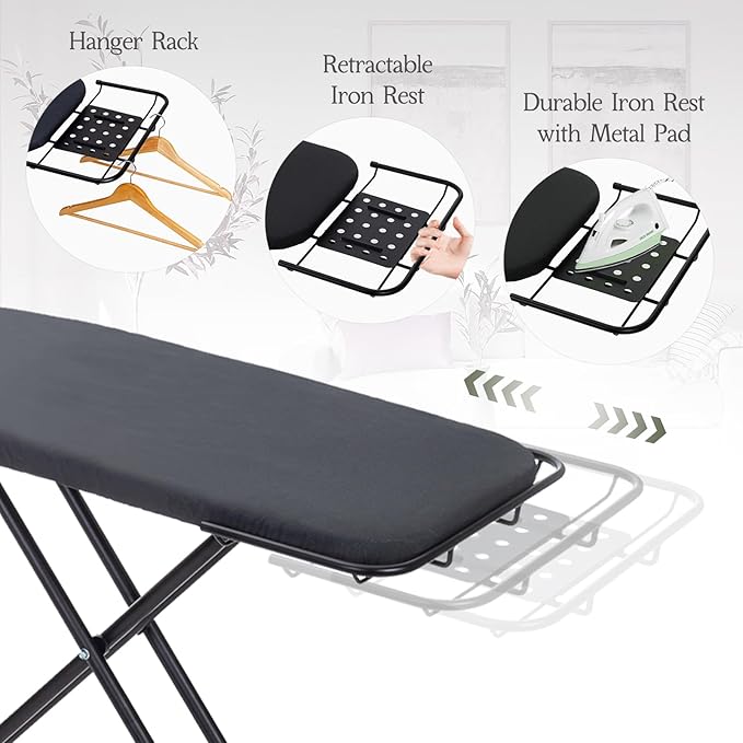 Heavy Duty Full Size Ironing Board 48"x15", BlissBoard Foldable Iron Board with Adjustable Height, Steel Frame, Thick Pad and Heat-Resistant Cover, Black