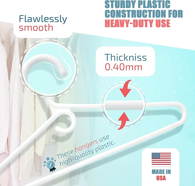 DEILSY™ White Plastic Hangers - White Super Heavy Duty Clothes Hanger, Thick Strong Standard Closet Plastic Hangers with Hook for Scarves and Belts - Pack of 10