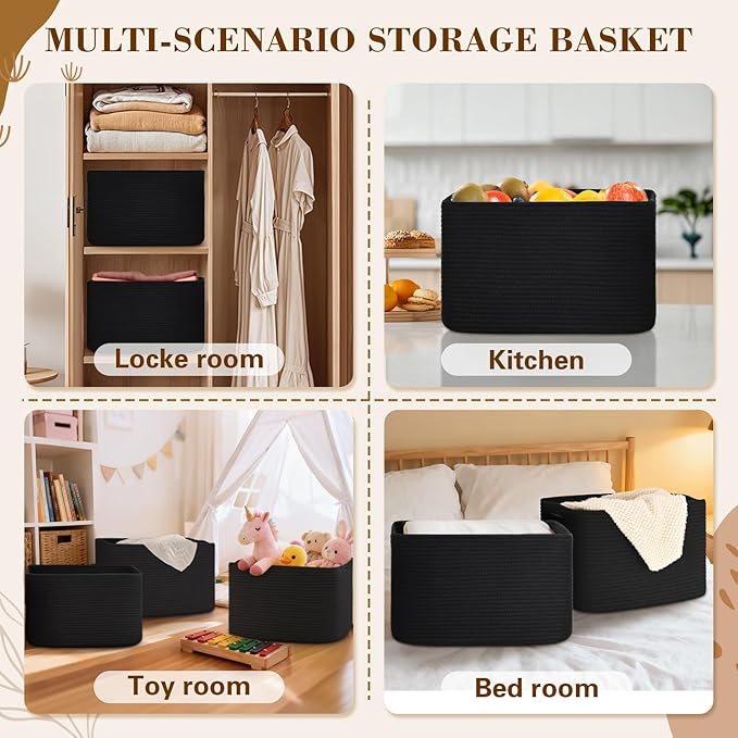 Baskets for Organizing,Storage Baskets,3 Pack Baskets for Shelfves,15"×10"×9" Woven Black Basket,toy storage bins,bins for organization