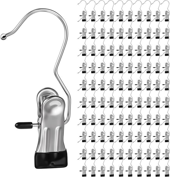 100 Pack Hanger Clips, Heavy Duty Laundry Hooks with 360° Rotation - Space Saving Clothes Pins for Closet, Boots, Pants, Hats, Towels (Silver)