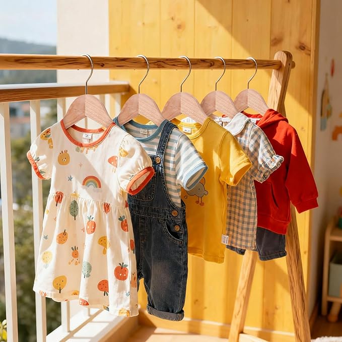 10 Pack Kids Wooden Hangers, Solid Wood Children Hanger with Notches, Baby Clothes Hanger with 360° Swivel Hook, Heavy Duty Toddler Coat Shirt Hanger for Closet, Natural Wood