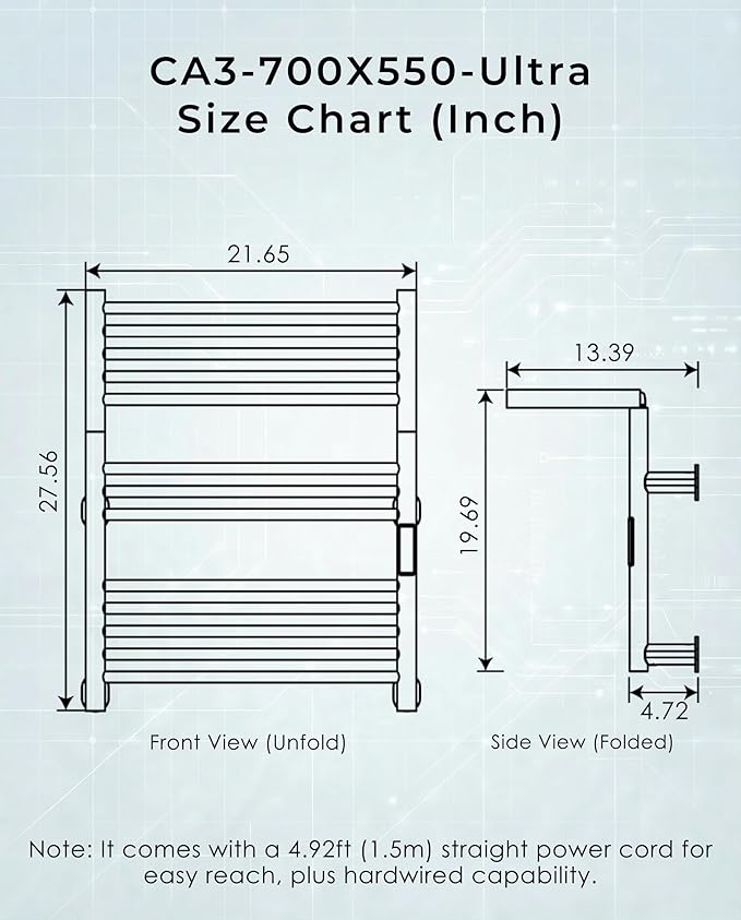 High-Density Foldable Heated Towel Rack, Smart Dual-Zone App/Voice Control Towel Warmer Rack, GFCI Plug-in/Hardwired, Wall-Mount, Drill-Free Install, Brushed, CA3-700X550-Ultra-S