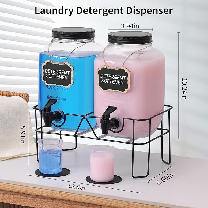 2 Sets 1 Gallon Glass Laundry Detergent Dispenser with Stand, Measuring Cup, Soap Dispenser for Laundry Room, Liquid Laundry Detergent for Liquid Detergent, Fabric Softener