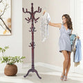 Coat Rack Stand, Solid Wooden Coat Tree with 14 Hooks, Heavy Duty Coat Rack Freestanding with Sturdy Round Base, Natural Birch Wood Coat Hanger Stand for Entryway Bedroom (Triangle Redwood)