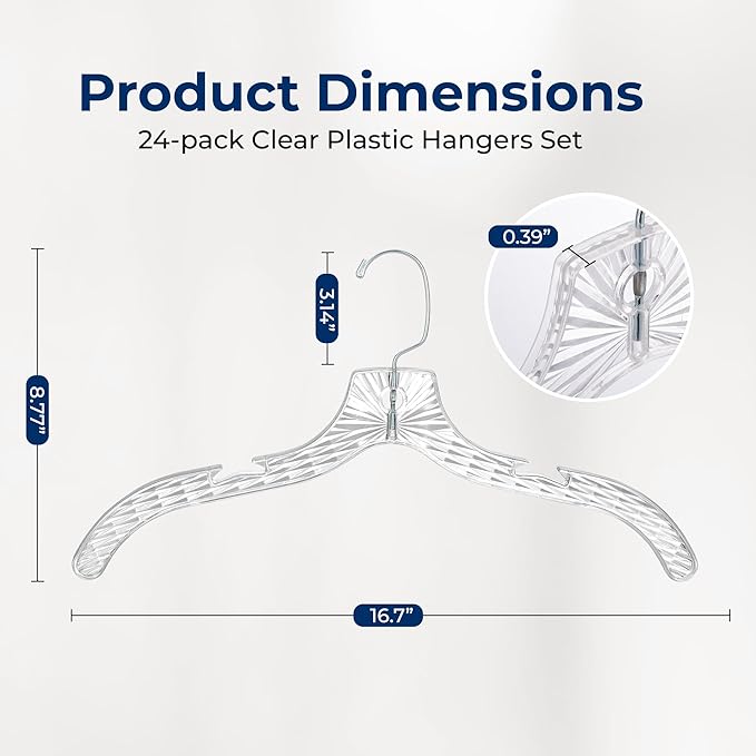 SereneLife 24 Pack Transparent Plastic Hangers, Crystal Clear, Non-Slip with Notched Shoulders, Ultra-Thin Space Saving, Closet & Retail Use, with Swivel Hook for Clothes, Shirts, Dresses, Jackets