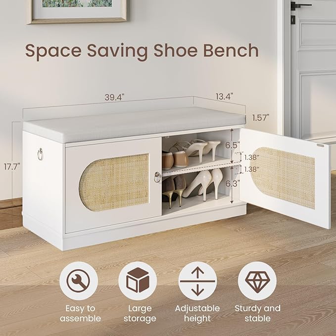 2-Tier Rattan Shoe Storage Bench, 39.4" W Shoe Bench with Padded Seat Cushion, Entryway Bench with Handles, 2 Doors, Adjustable Shelf for Living Room, Bedroom, Front Door, Hallway - Natural