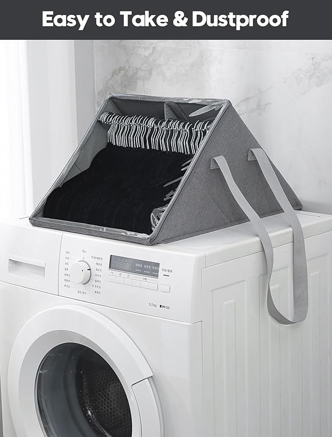 Qozary 2 Pack Upright Clothes Hanger Organizer Bag for Tangle-Free - Dual Compartments Hanger Storage Containers with Clear Cover for Closet Laundry Room, Foldable Organizer with Carry Handle