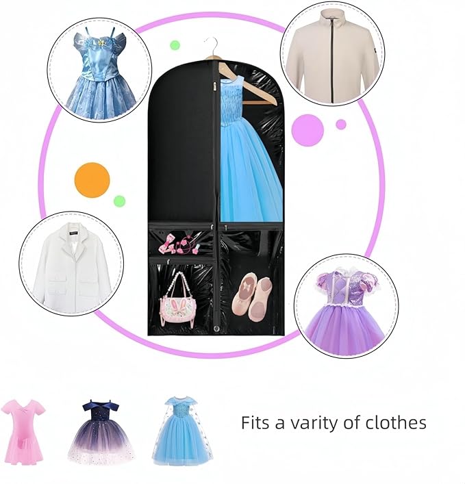 Clear Dance Costume Garment Bag, 39 Inch Garment Bag for Dance Competitions, Kids Hanging Clothes Cover for Girls Closet Storage with 3 Zippered Pockets