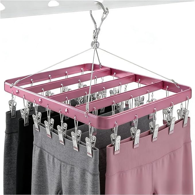 Clothes Drying Racks Clip Hangers Metal with 36 Clips Windproof Hook Underwear Hanger Foldable Laundry Clip for Socks Bras (Pink)