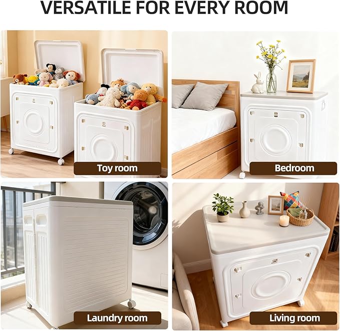 BorealBear Large Wheeled Storage Box, 35 GAL Collapsible Bin with Locking Lid & Easy-Snap Doors. Heavy-Duty Organizer for Laundry, Toys, Clothes – Perfect for Bedroom, Garage, Garden & Outdoor (White)