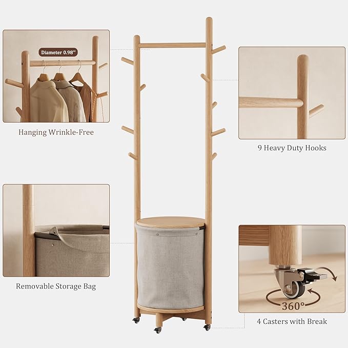 Solid Wood Coat Rack with Fabric Basket - Coat Hanger Stand Coat Tree Rack Freestanding with 9 Hooks Wheels, Small Clothes Rack For Entryway Bedroom Hallway Living Room