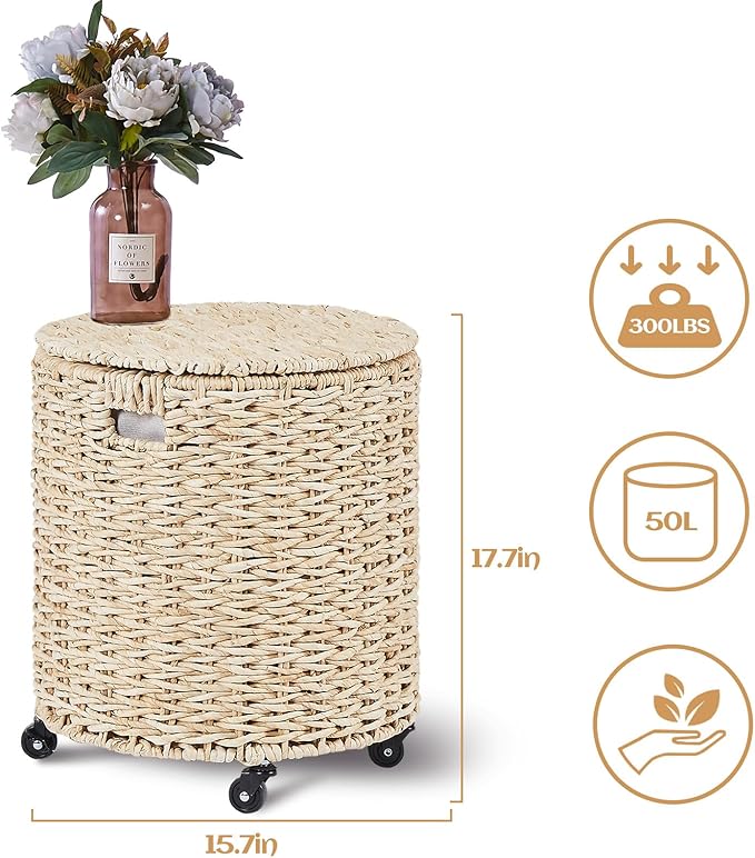 Wimarsbon Vintage Storage Basket, Multipurpose Rolling Hamper With Brakable Wheels and Lid, Braid Laundry Bin, Handwave Clothes Toy Organizer Tote for Living Room