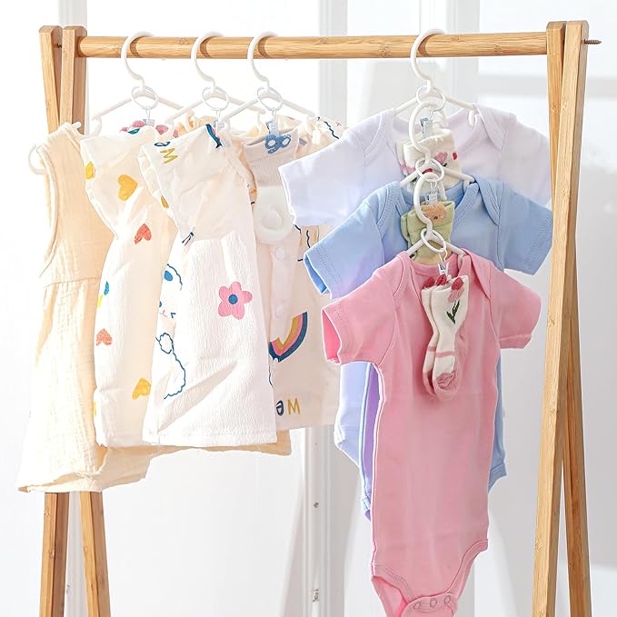 Hsei 30 Packs Nursery Baby Hangers with Ring Clips, Toddler Hangers, Kids Plastic Clothes Hanger for Infant Children Pants Closet Coat Skirts Socks(White)