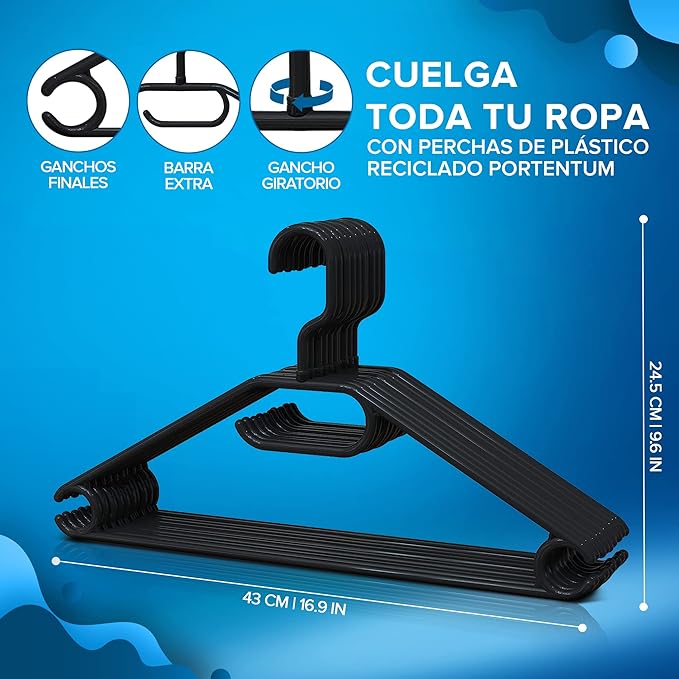 Pack of 10 Plastic Hangers for All Types of Clothes – 100% Recycled Plastic - 360º Swivel Hook - Space Saving - Accessory Holder - Hooks for Dresses and Blouses - Black - Made in Spain