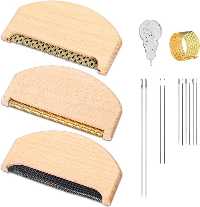 LemonRoad 3 Pcs Wooden Lint Comb Cashmere Comb 3 Styles Manual Fabric Shaver with Sewing Needles Complete Garment Repair kit for Different Fabrics Sweater Care