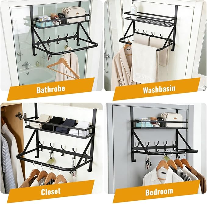 Over The Door Clothes Hanger, Metal Over The Door Hangers for Clothes with 7 Hooks1 Storage Basket For Clothing Hanger Drying Racks for Laundry, Bedroom, Washroom wait（black）