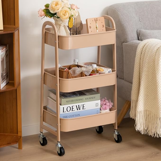 AGTEK 3 Tier Utility Rolling Cart with Lockable Wheels, Metal Multifunctional Storage, Organizer Cart for Kitchen, Office, Living Room, Makeup, Craft, Art Studio, Blush