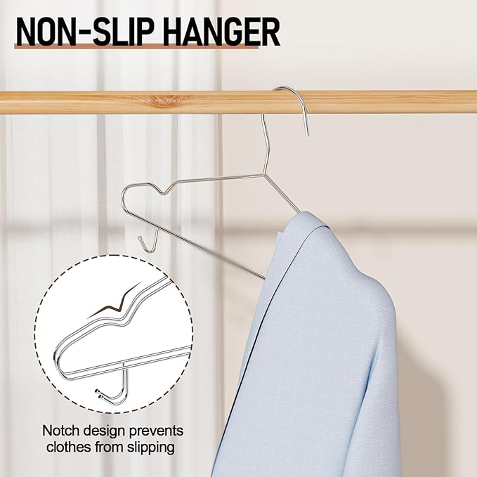 Metal Clothes Hangers Bulk 50 Pack with 2 Hooks for Pants, Heavy Duty Stainless Steel Wire Hanger with Groove, Space-Saving, Ultra Thin, 16.5 Inch, for Standard Suits, Skirts, Shirts- Silver