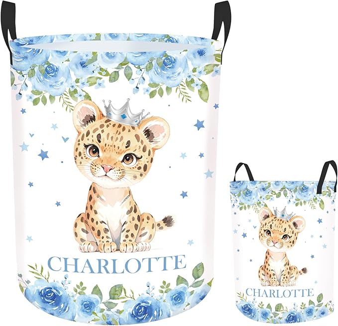 Personalized Laundry Basket for Kids Boys Girls Adults, Custom Name Lion Laundry Baskets for Nursery, Customize Blue Laundry Hamper, Personalized Gift with Baby Name 2 Sizes