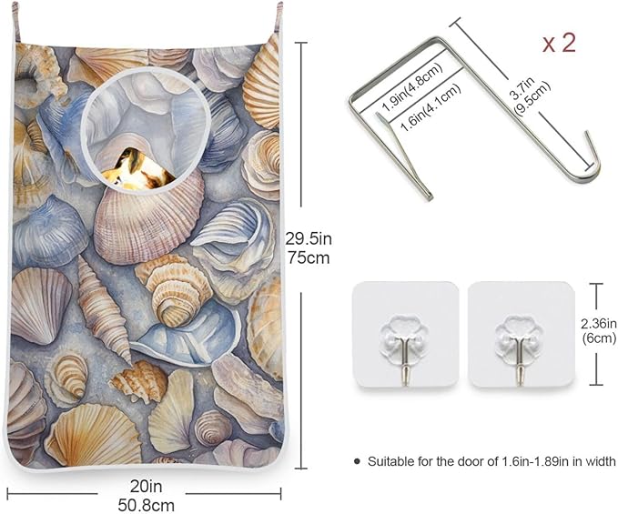 Hanging Laundry Hamper with Stainless Steel Hooks,Oxford Fabric Printing Door Laundry Clothes Bag, 29.5X20inch 2PCS Grey Shell Conch